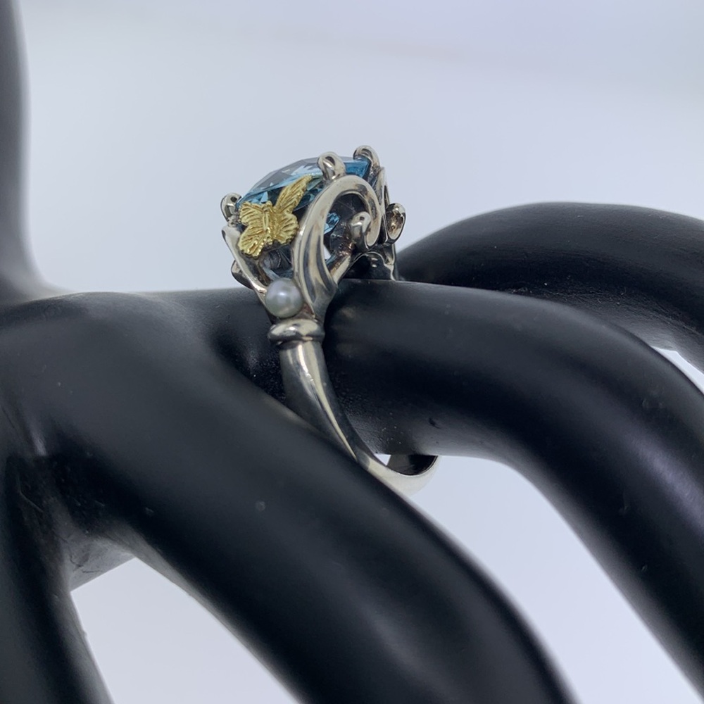 ANN KING Sterling Silver 18k Gold Butterfly Topaz & Pearl Ring Size 8 - Picture 2 of 9